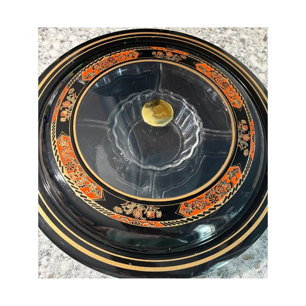 Vtg Lacquerware Black Round‎ Serving Platter Divided Compartments Japan Decor